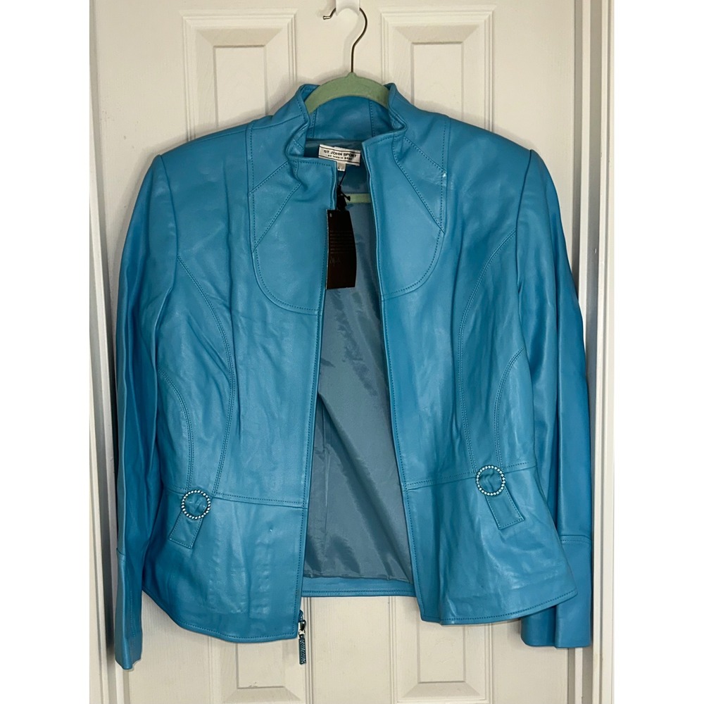 St. John Sport Marie Gray Blue Leather Rhinestone Zip Jacket Womens Large NWT